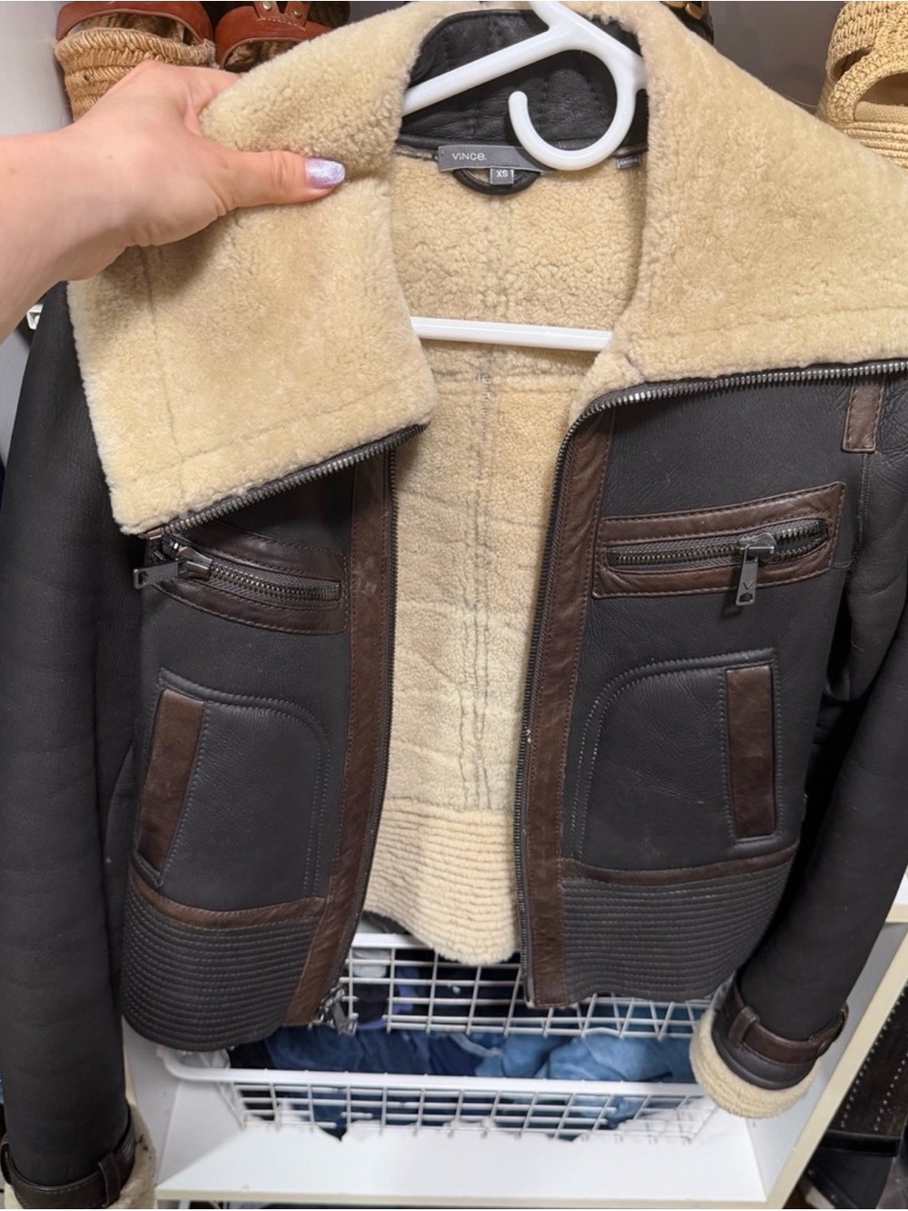 VINCE Dark Brown Leather Aviator Jacket with Cream Shearling Collar